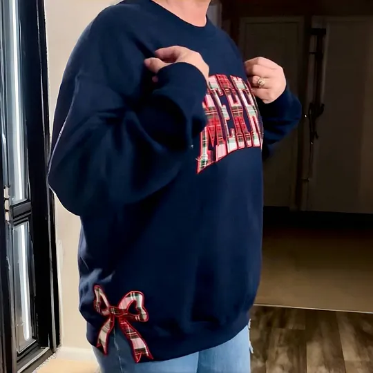 Trendy Merry Side Bow Cut-Out Sweatshirt - Cozy Plaid Christmas Pullover