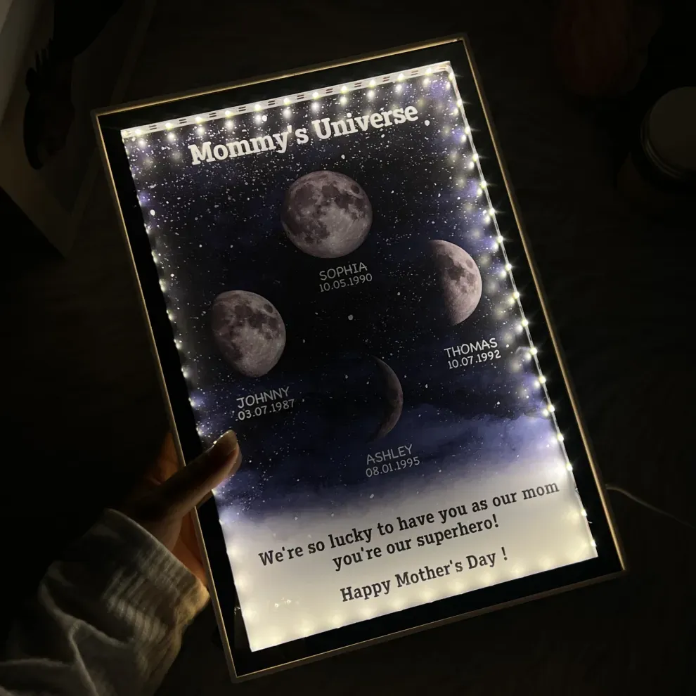 Mummy's Universe - Personalised Customised Starry Moon Phase Mirror Lightboxes