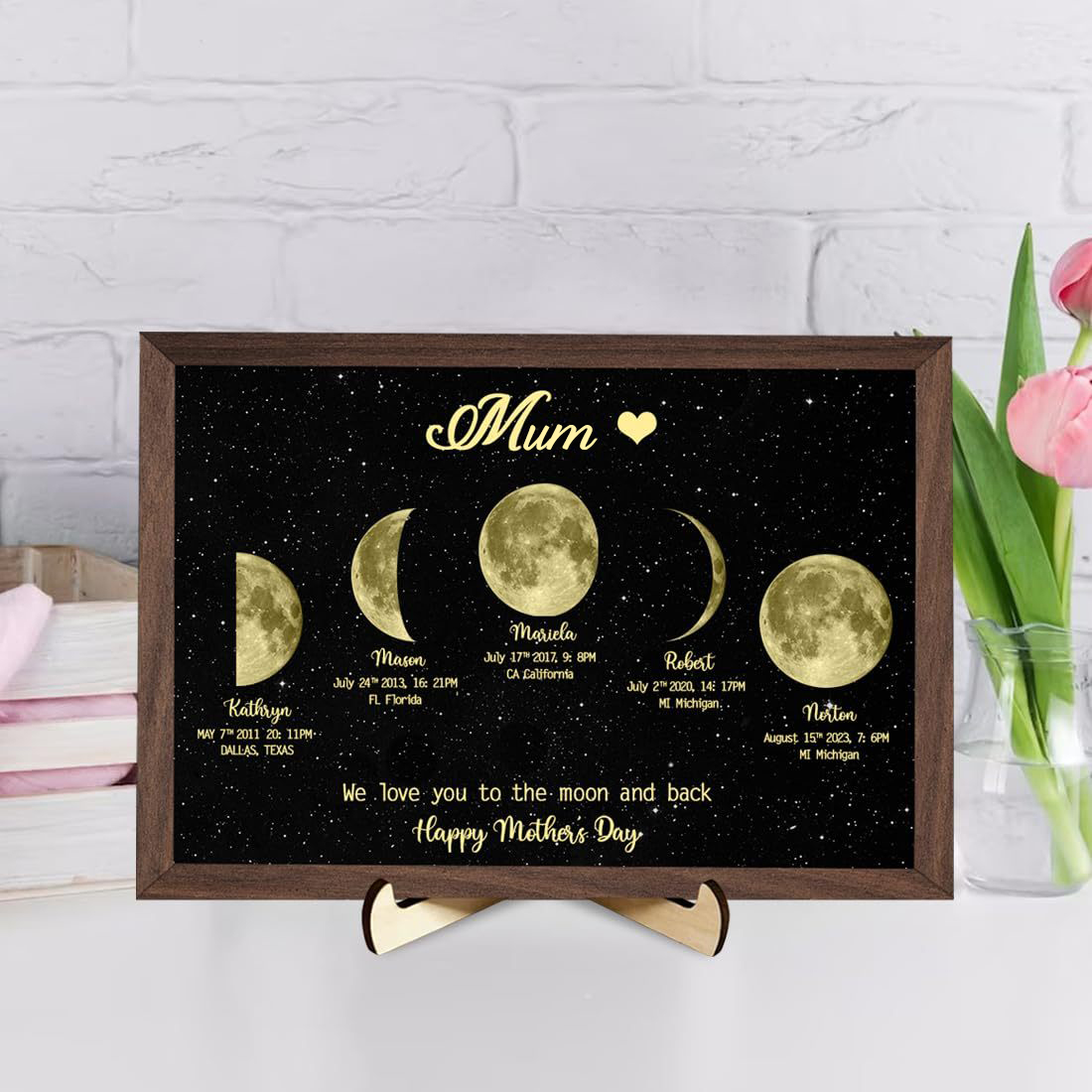Personalized "We love you to the moon and back"  Wooden Name Family Tree Frame, Custom Last Name Sign for Mom, Mothers' Day Unique Gift for Mom