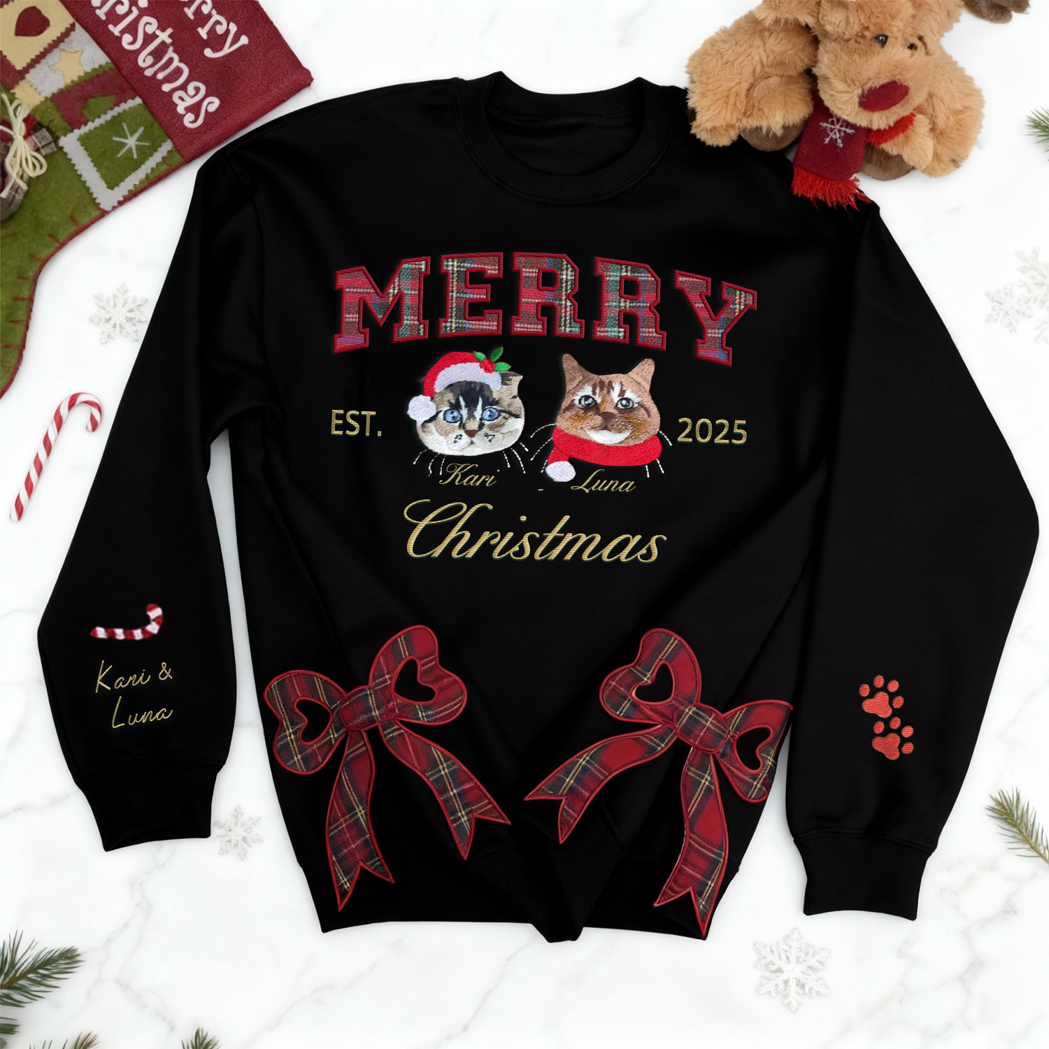 Custom Merry Christmas Cozy Plaid Embroidered Pet Portrait Sweatshirt with Side Bow Design