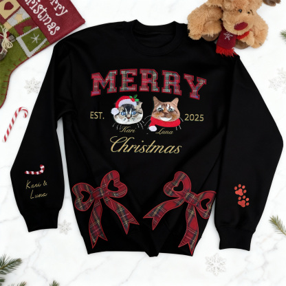 Custom Merry Christmas Cozy Plaid Embroidered Pet Portrait Sweatshirt with Side Bow Design