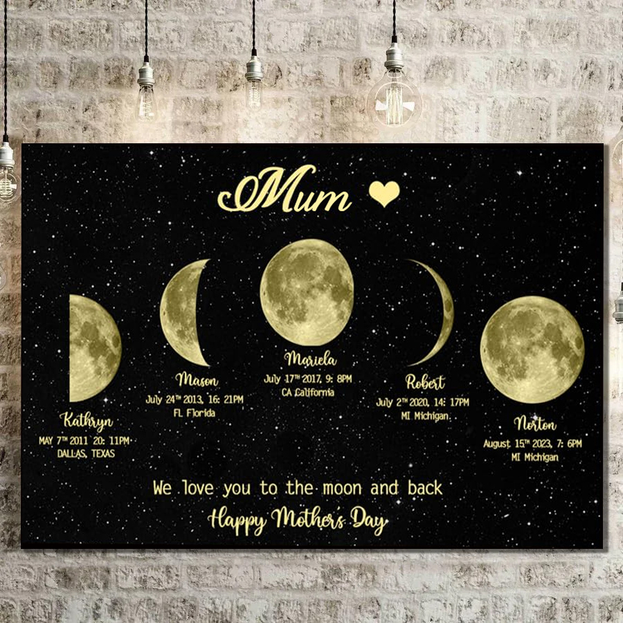 Personalized "We love you to the moon and back"  Wooden Name Family Tree Frame, Custom Last Name Sign for Mom, Mothers' Day Unique Gift for Mom