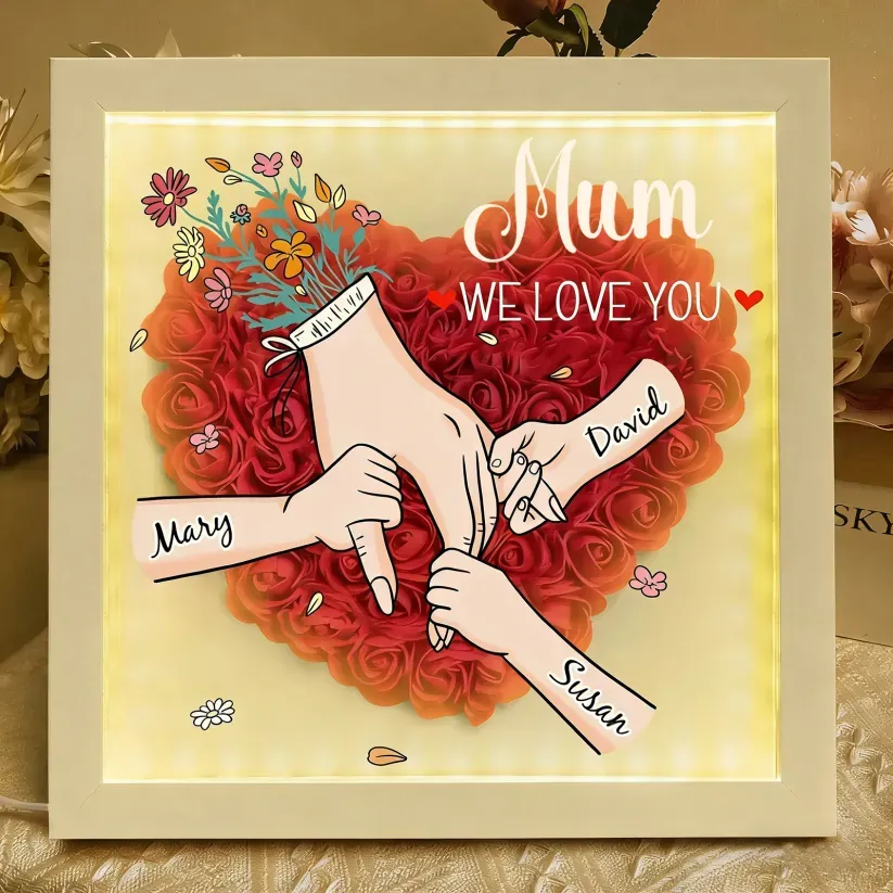 Custom Flower Shadow Box With Led Light (Rainbow Light) - Family Love Blooms Forever