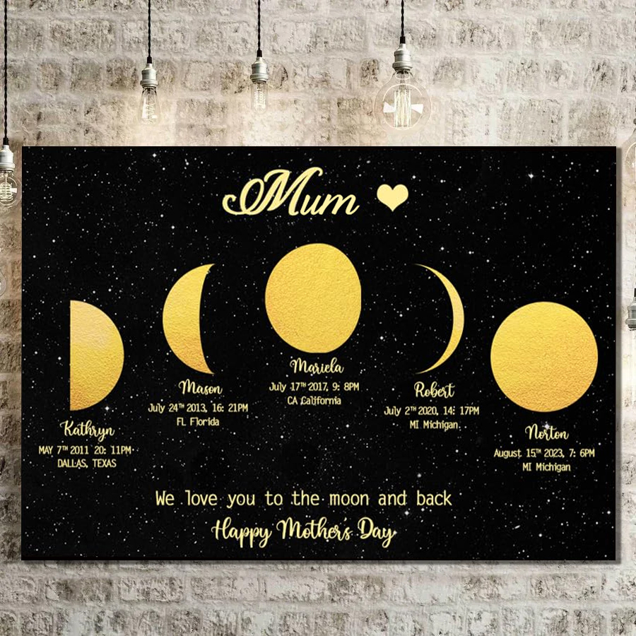 Personalized "We love you to the moon and back"  Wooden Name Family Tree Frame, Custom Last Name Sign for Mom, Mothers' Day Unique Gift for Mom