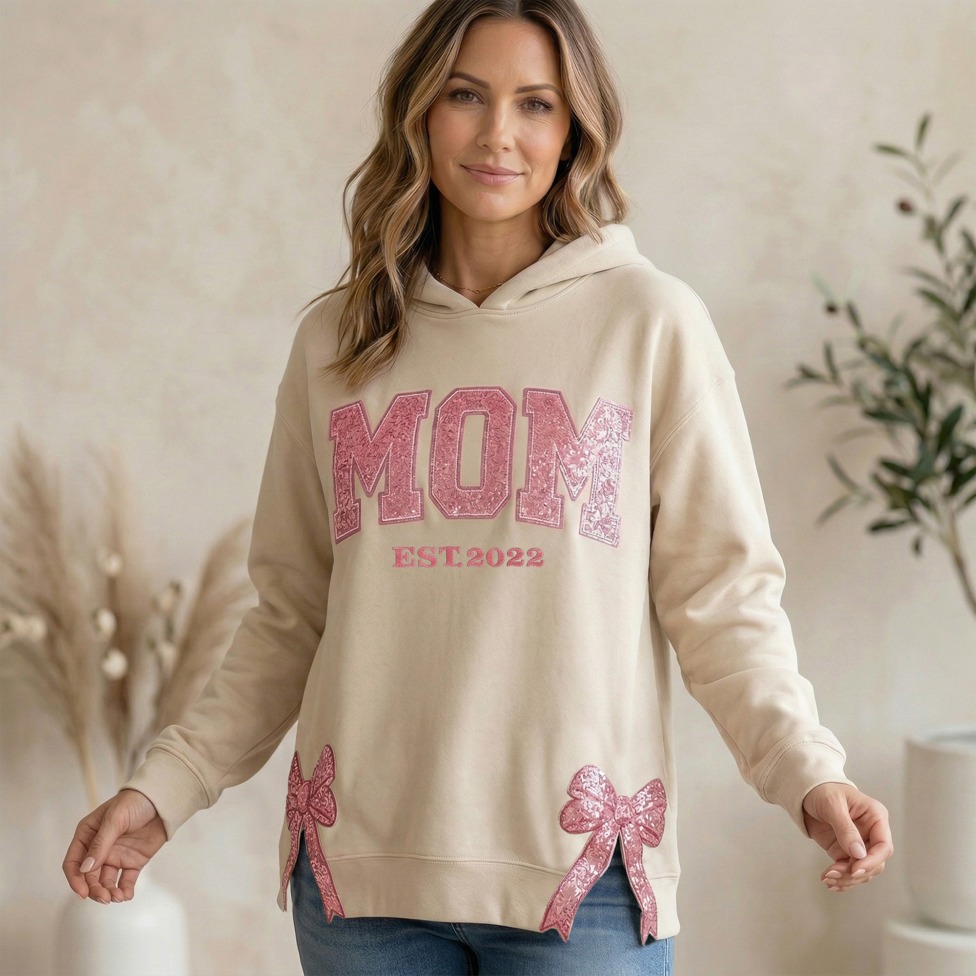 Custom Mom Est. Year Sweatshirt with Glitter Side Bow - Heartfelt Mother's Day Gift for Mom & Grandma