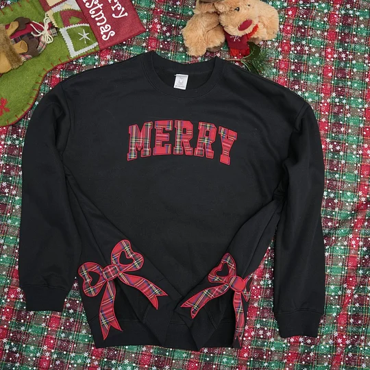 Trendy Merry Side Bow Cut-Out Sweatshirt - Cozy Plaid Christmas Pullover