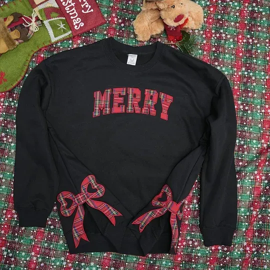 Trendy Merry Side Bow Cut-Out Sweatshirt - Cozy Plaid Christmas Pullover