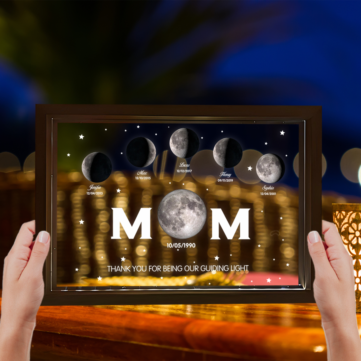 The Day You Became Our Mom, Custom  Mom Moon Phase Led light frame, Mother’s Day Gift, Father's Day
