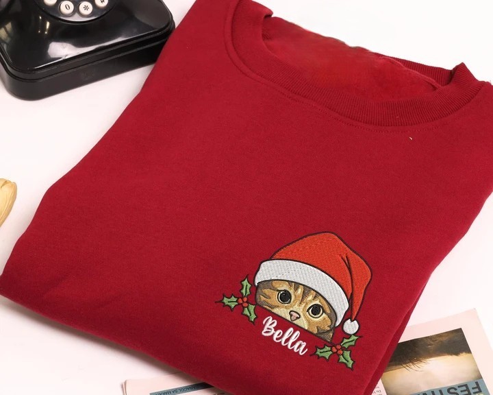 Custom Pet Photo Holly Berry Christmas Greeting Embroidered Sweatshirt, Hoodie, T-Shirt