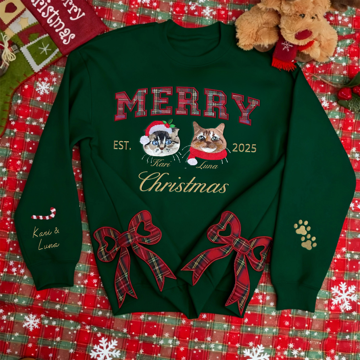 Custom Merry Christmas Cozy Plaid Embroidered Pet Portrait Sweatshirt with Side Bow Design