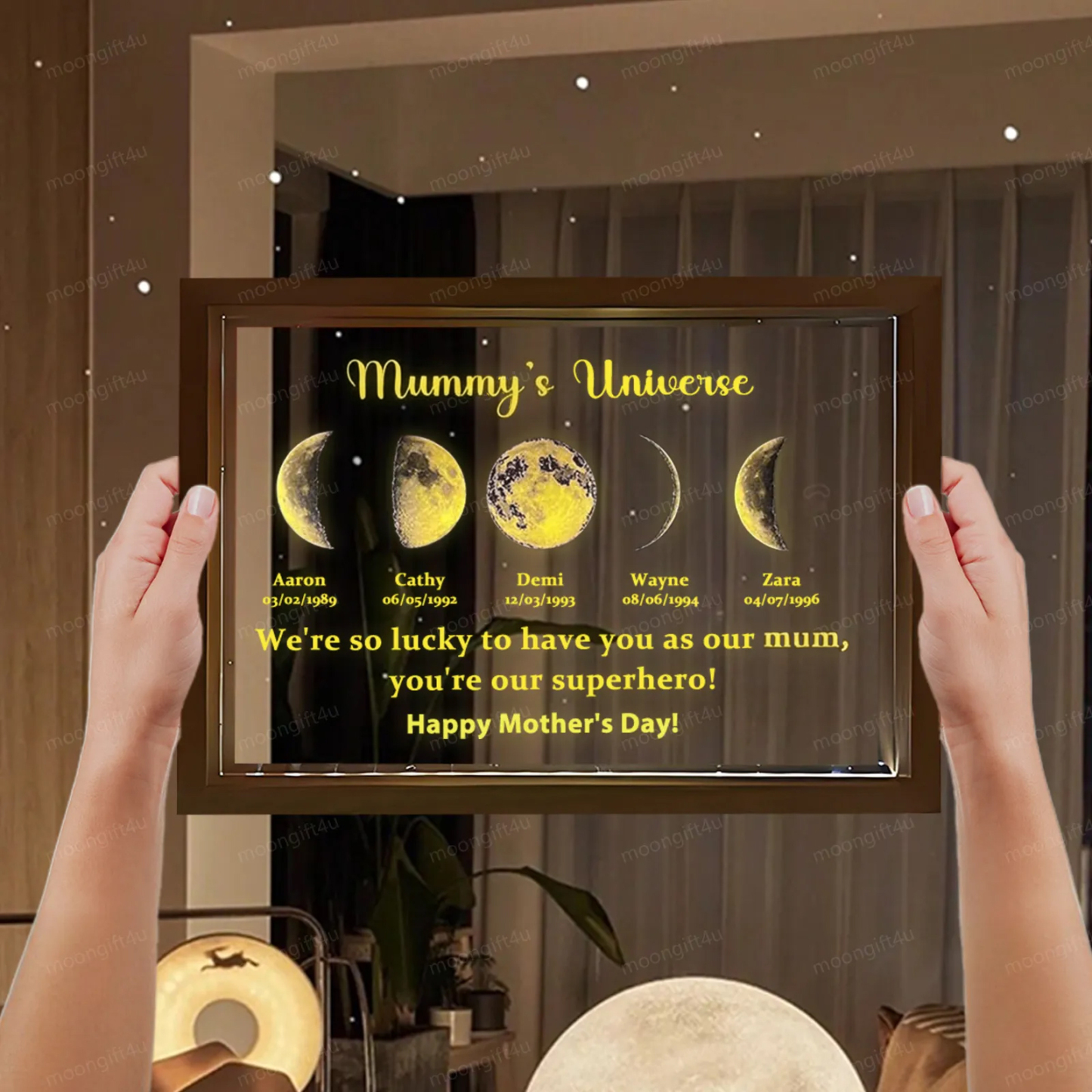 Led light frame with text and date - mum's universe