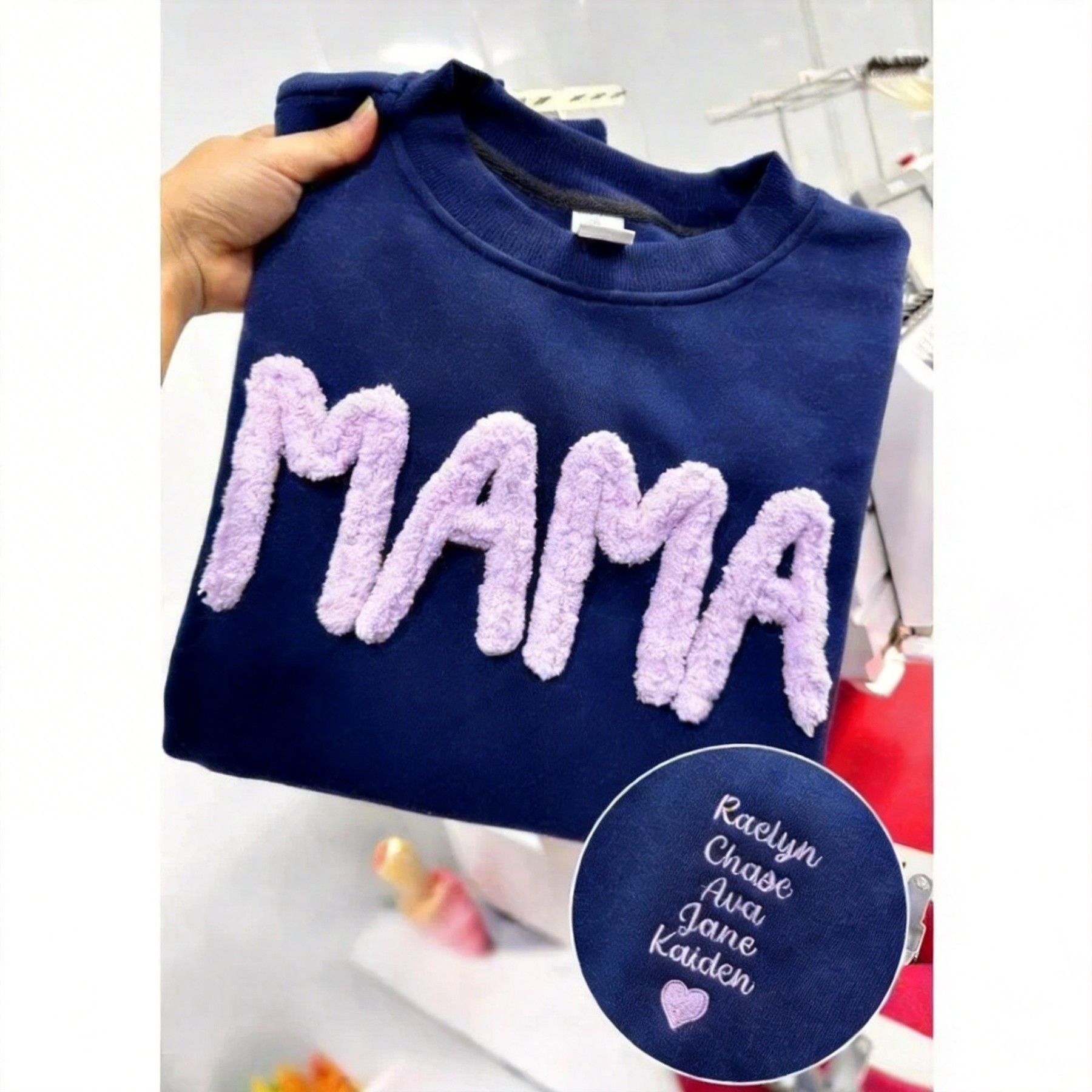 Personalized Chenille Yarn Embroidered Mama Sweatshirt, Custom Kids Names on Sleeve Gift Mother’s Day 