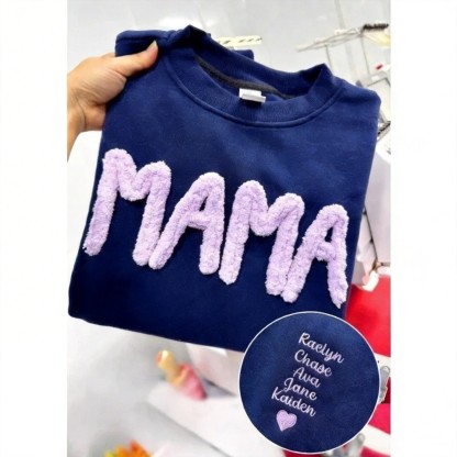 Personalized Chenille Yarn Embroidered Mama Sweatshirt, Custom Kids Names on Sleeve Gift Mother’s Day 