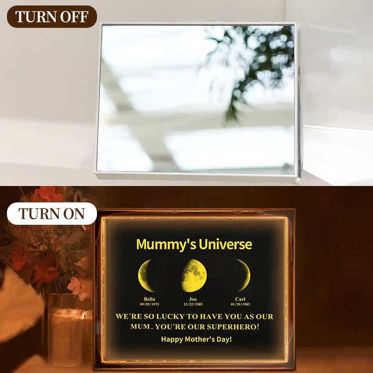 Custom Moon Phase Mirror With Text & Date- Custom Art Frame for Mom - Mommy's Universe, Mothers' Day
