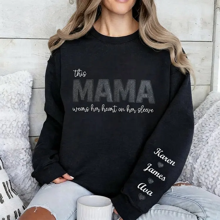 Mom Heart on Sleeve Custom Embroidered  Sequined Sweatshirt，T-Shirt – Gift for Mom & Nana