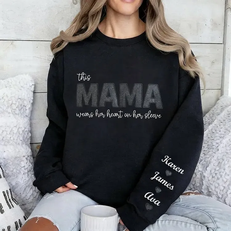 Mom Heart on Sleeve Custom Embroidered  Sequined Sweatshirt，T-Shirt – Gift for Mom & Nana