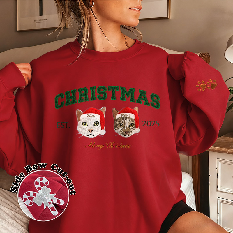 Custom Merry Christmas Embroidered Pet Portrait Sweatshirt with Glitter Side Bow Design