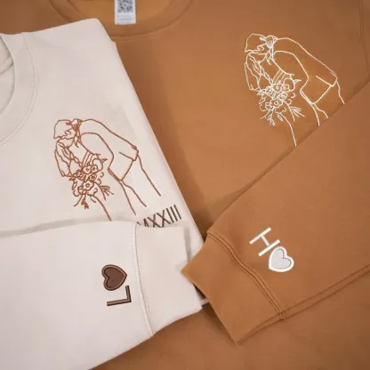 Forlovever Custom Couple Photo Outline Embroidered Roman Numeral Anniversary T-Shirt Sweatshirt Hoodie