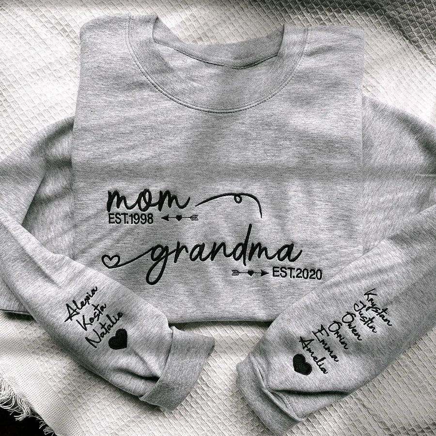   Custom Embroidered Mom Grandma Est Year Sweatshirt, Mother's Day Gift for Grandma