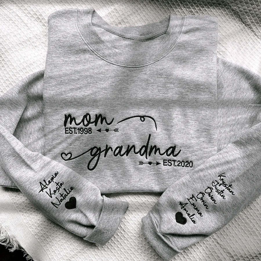   Custom Embroidered Mom Grandma Est Year Sweatshirt, Mother's Day Gift for Grandma