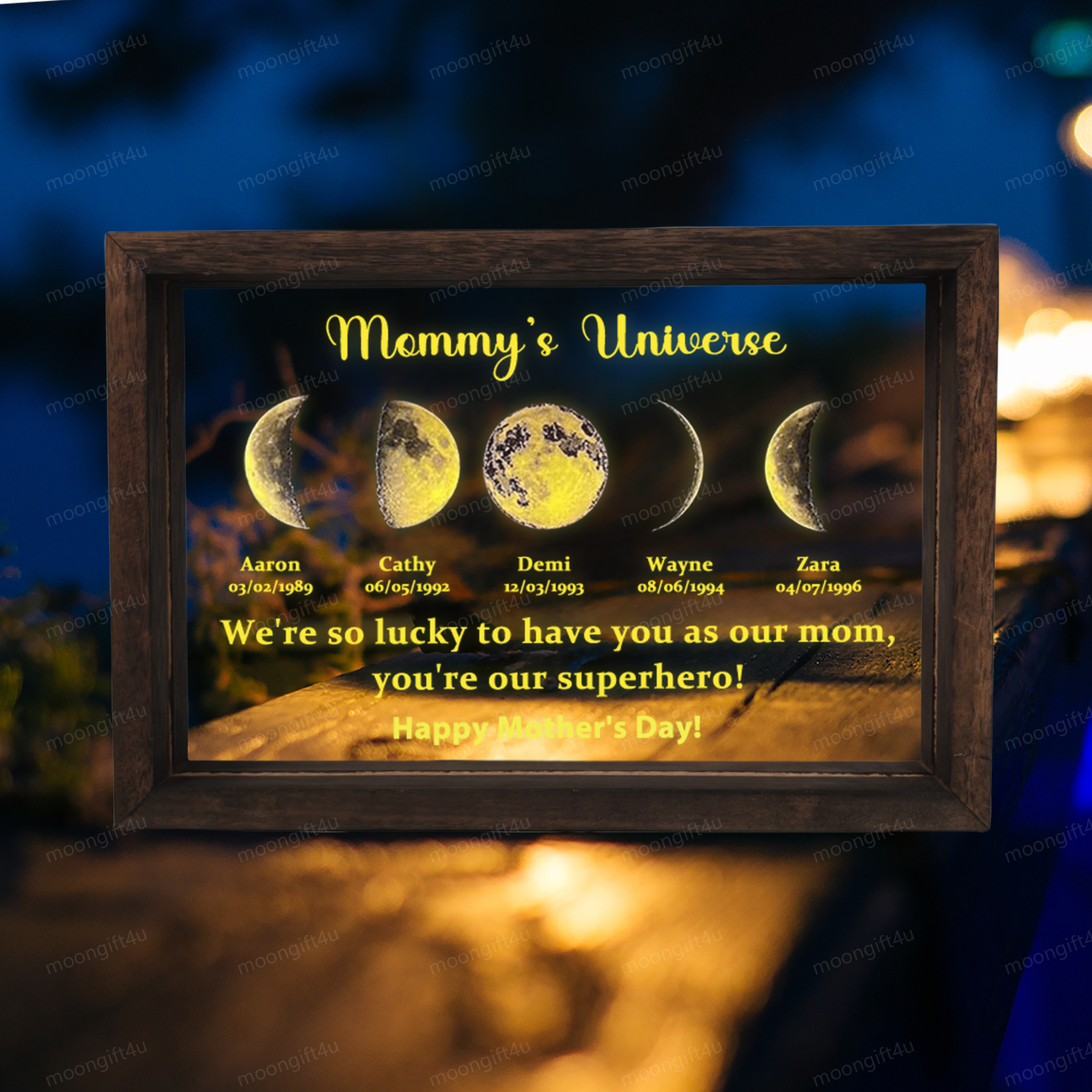 Led light frame with text and date - mum's universe