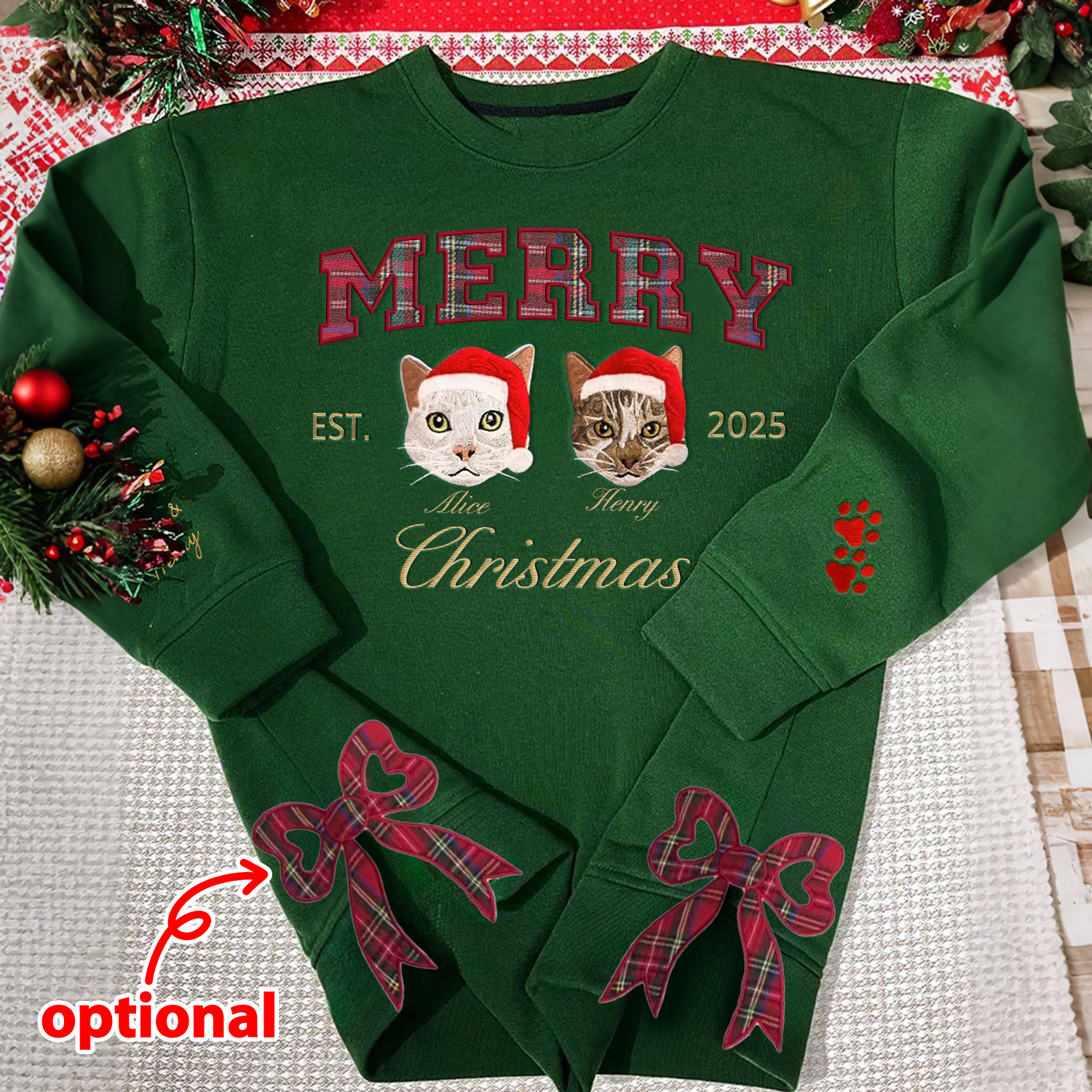 Custom Merry Christmas Cozy Plaid Embroidered Pet Portrait Sweatshirt with Side Bow Design