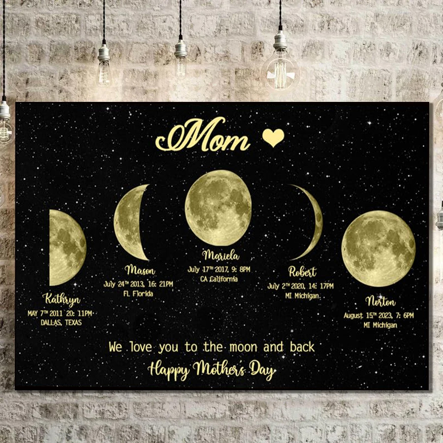 Personalized "We love you to the moon and back"  Wooden Name Family Tree Frame, Custom Last Name Sign for Mom, Mothers' Day Unique Gift for Mom