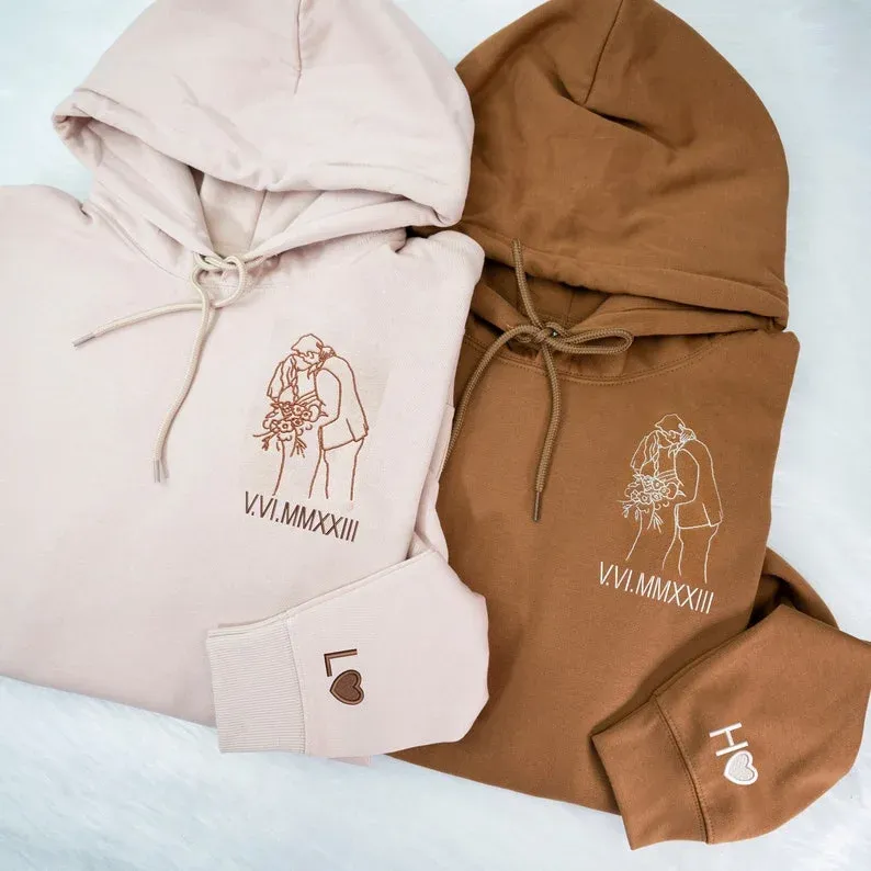 Forlovever Custom Couple Photo Outline Embroidered Roman Numeral Anniversary T-Shirt Sweatshirt Hoodie