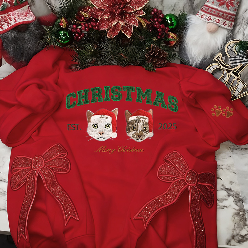 Custom Merry Christmas Embroidered Pet Portrait Sweatshirt with Glitter Side Bow Design