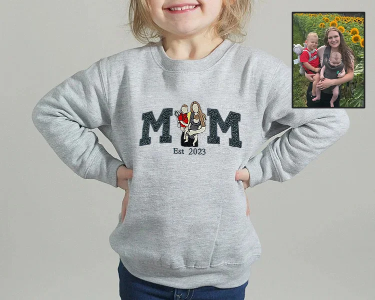 Personalized MUM MOM Embroidered Family Photo Glitter T-shirt Sweatshirt