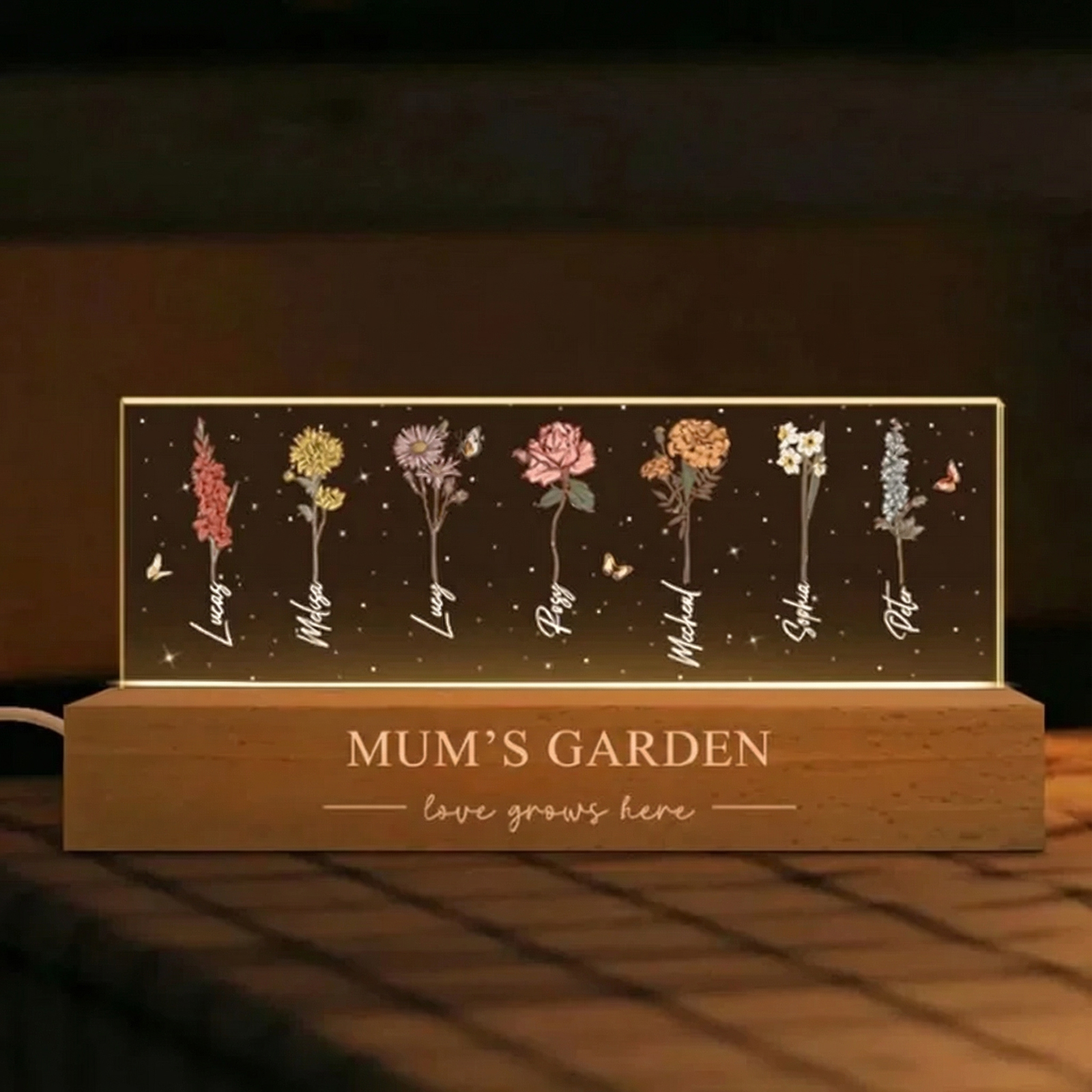 Mum's Garden Custom Acrylic Birthday Month Flower Night Light