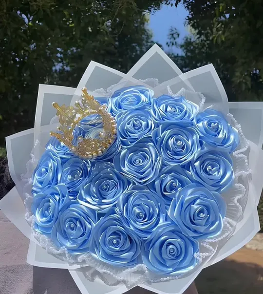 Light Blue Eternal Roses - HandMade From Satin Ribbon(Never Wither)