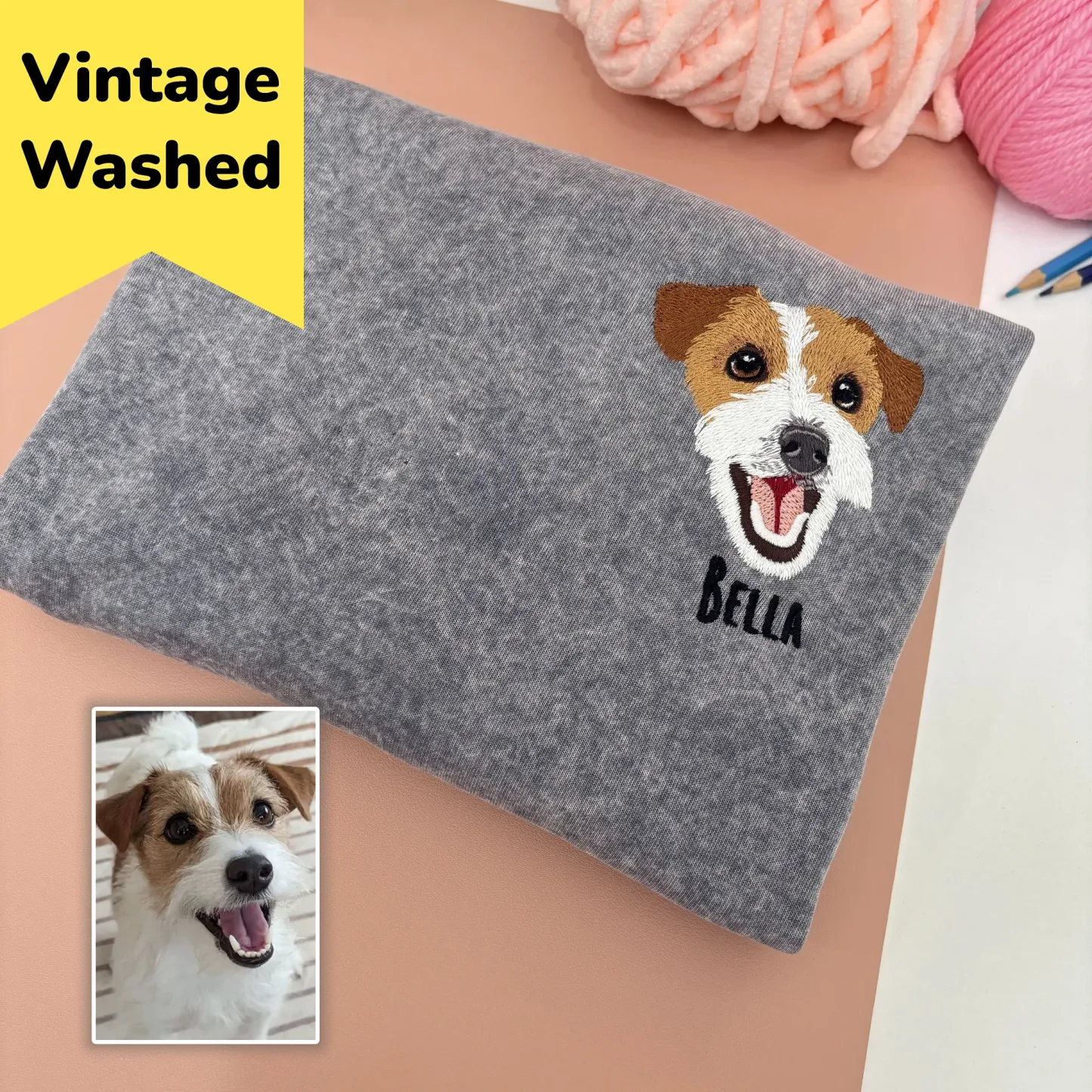 Custom Dog Embroidered Vintage Wash Sweatshirt T-Shirt