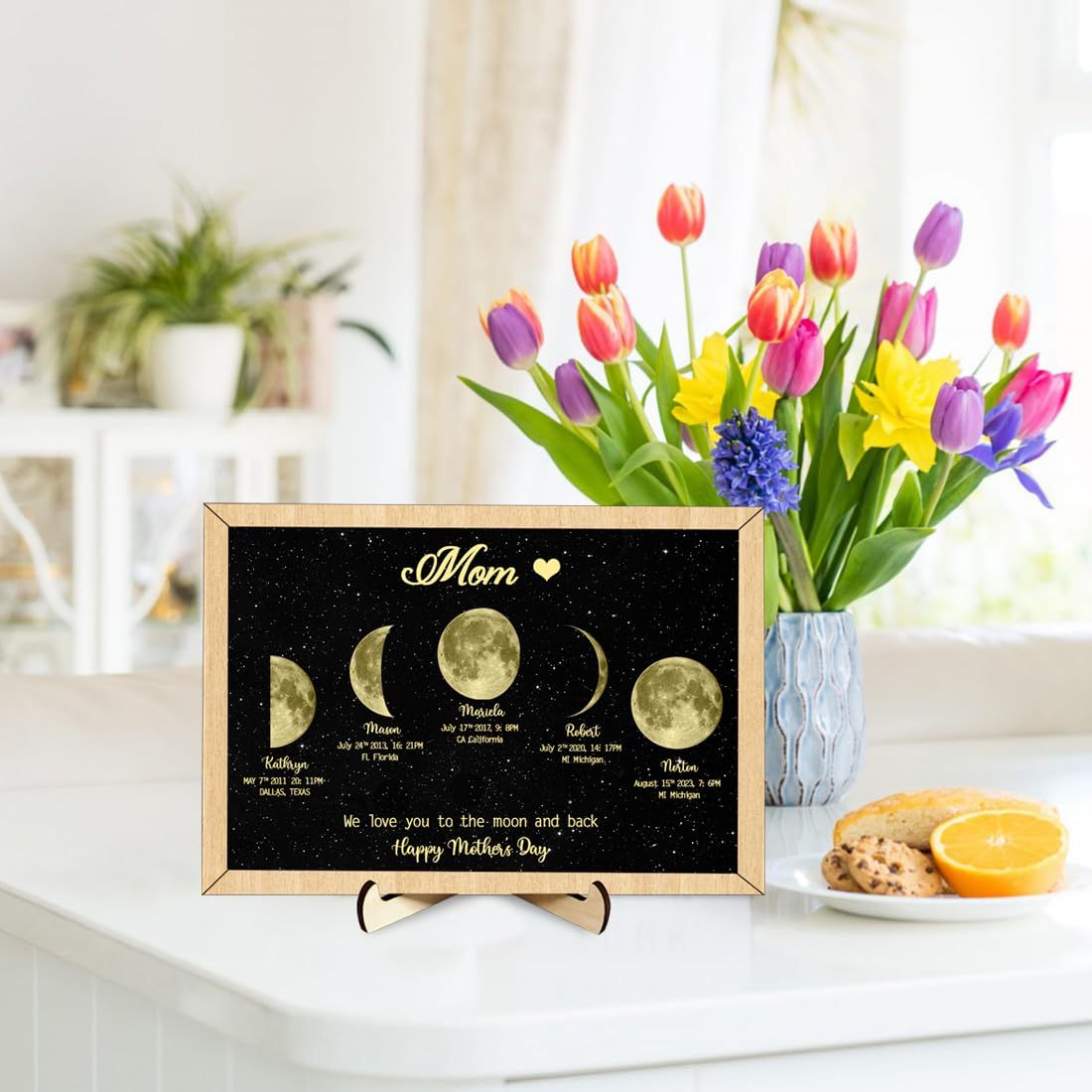Personalized "We love you to the moon and back"  Wooden Name Family Tree Frame, Custom Last Name Sign for Mom, Mothers' Day Unique Gift for Mom