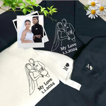 Forlovever Custom Couple Photo Outline Embroidered Anniversary T-Shirt Sweatshirt Hoodie