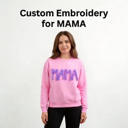 Personalized Chenille Yarn Embroidered Mama Sweatshirt, Custom Kids Names on Sleeve Gift Mother’s Day 