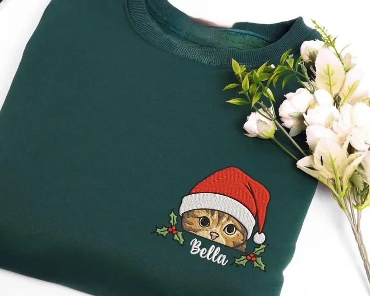 Custom Pet Photo Holly Berry Christmas Greeting Embroidered Sweatshirt, Hoodie, T-Shirt