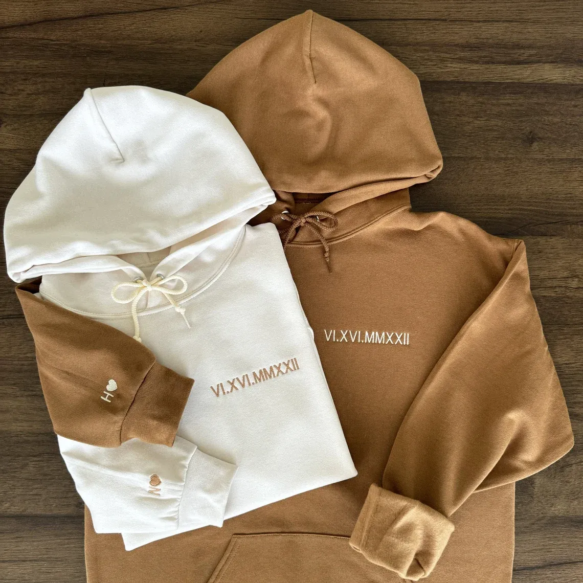 Custom Embroidered Roman Numeral Hoodie, Couple Shirt Initial On Sleeve, Anniversary Year, Valentine's Day Gift