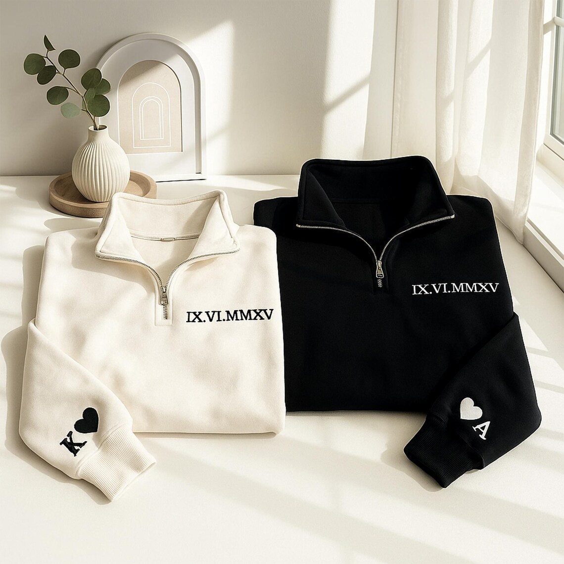 Embroidered Anniversary Quarter Zip Sweatshirt, Roman Numeral Couple Gift