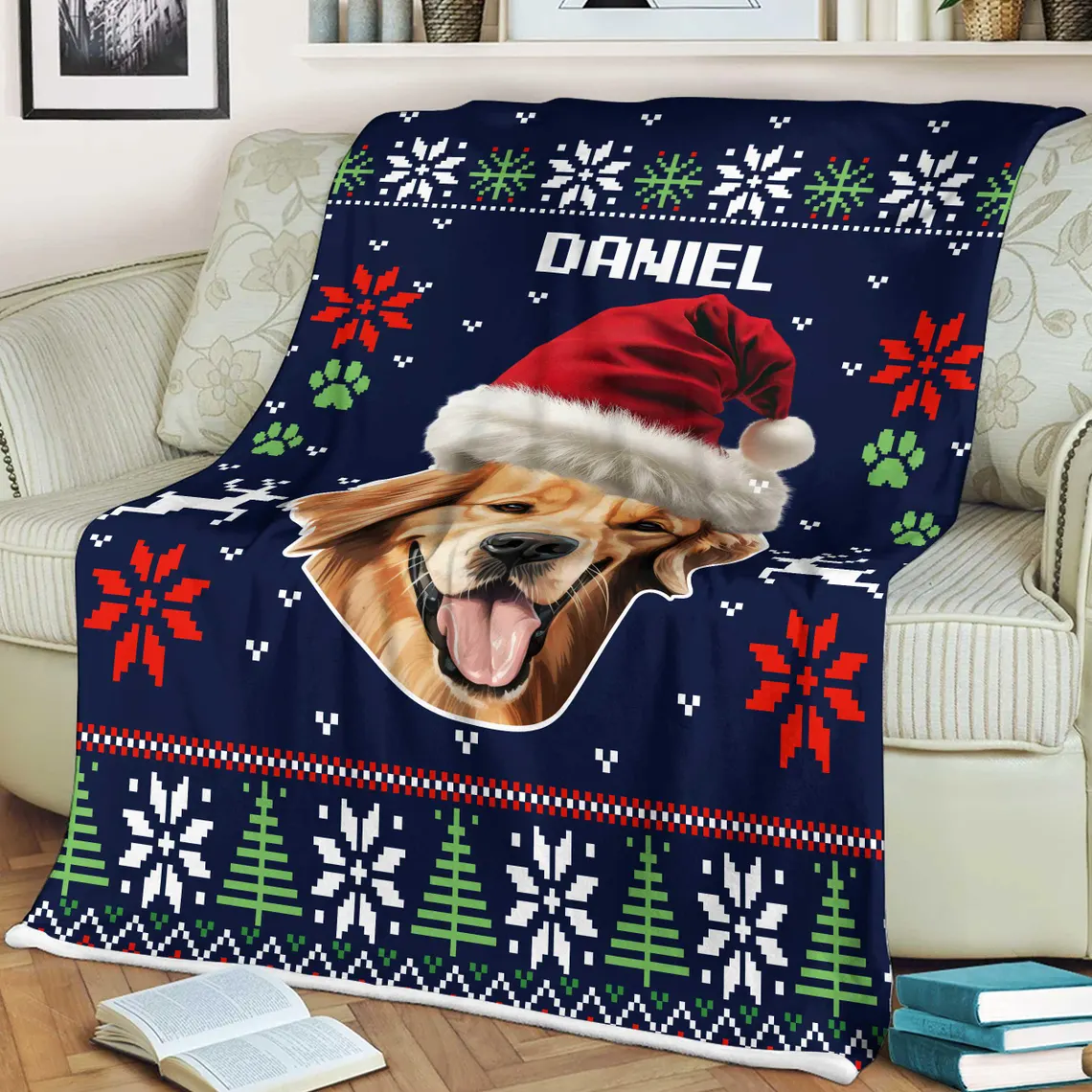 Custom Pet Photo Blanket, Personalized Dog Christmas Blanket with Name