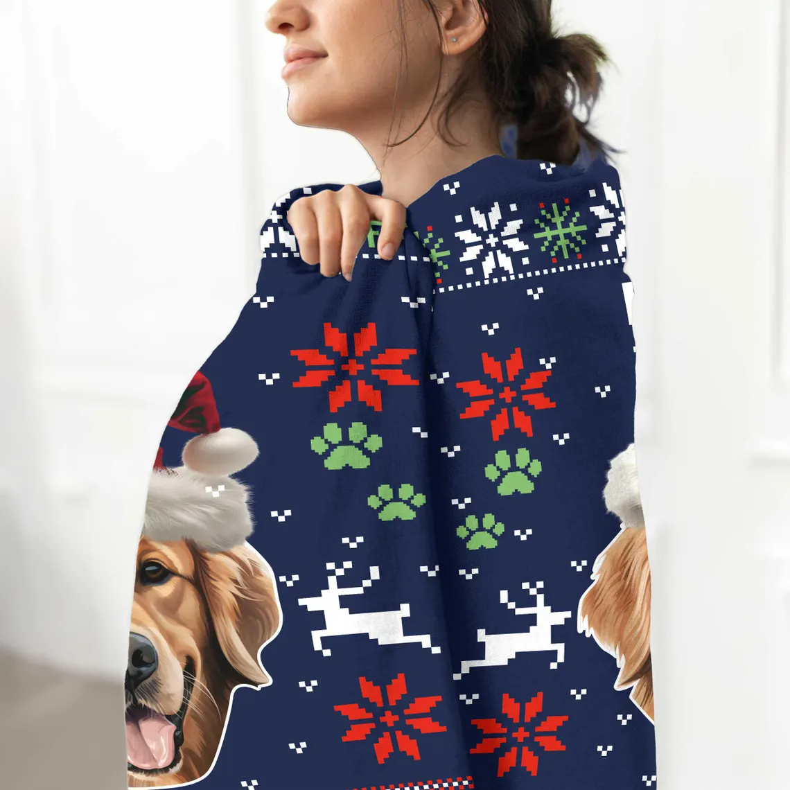 Custom Pet Photo Blanket, Personalized Dog Christmas Blanket with Name