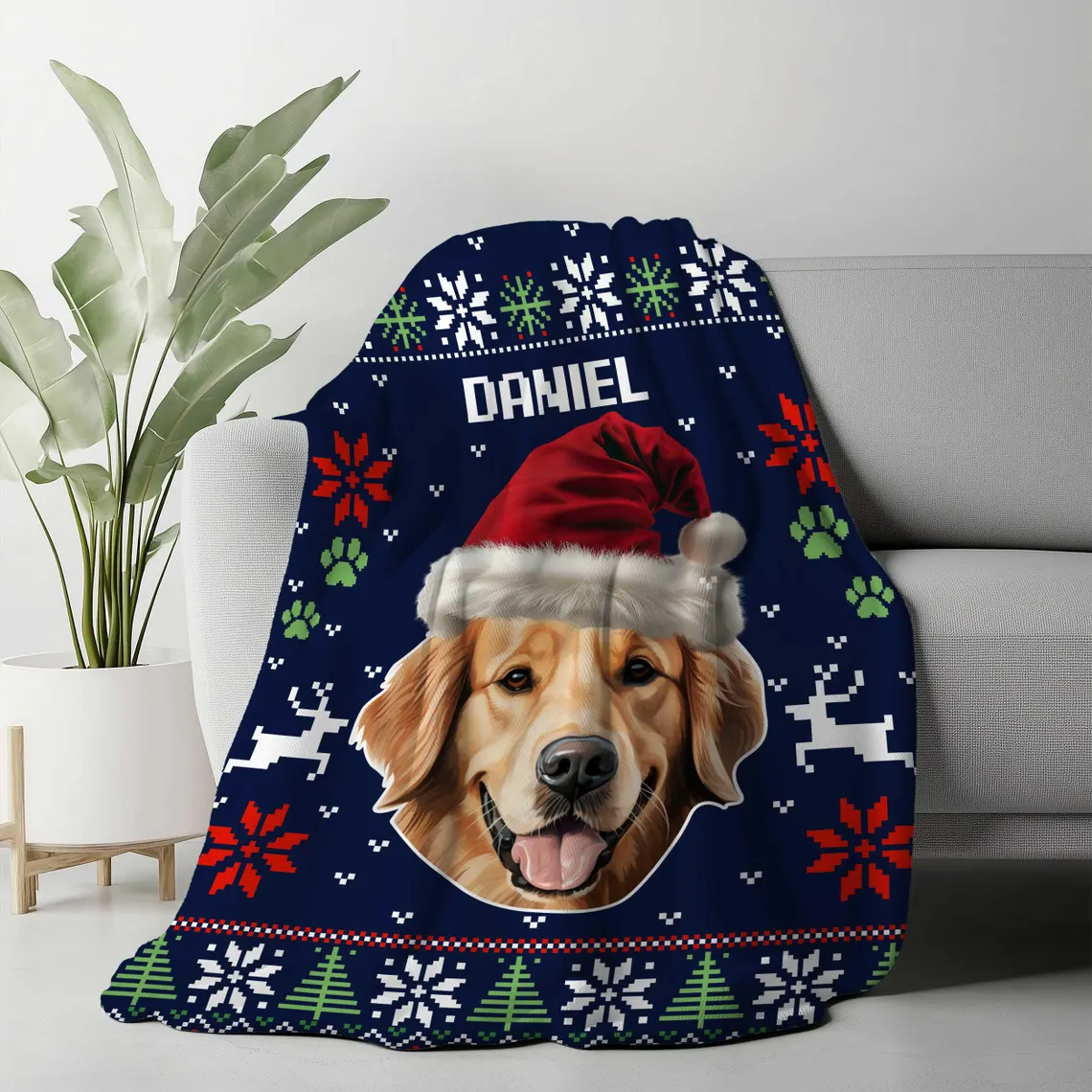 Custom Pet Photo Blanket, Personalized Dog Christmas Blanket with Name