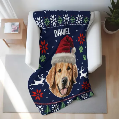 Custom Pet Photo Blanket, Personalized Dog Christmas Blanket with Name