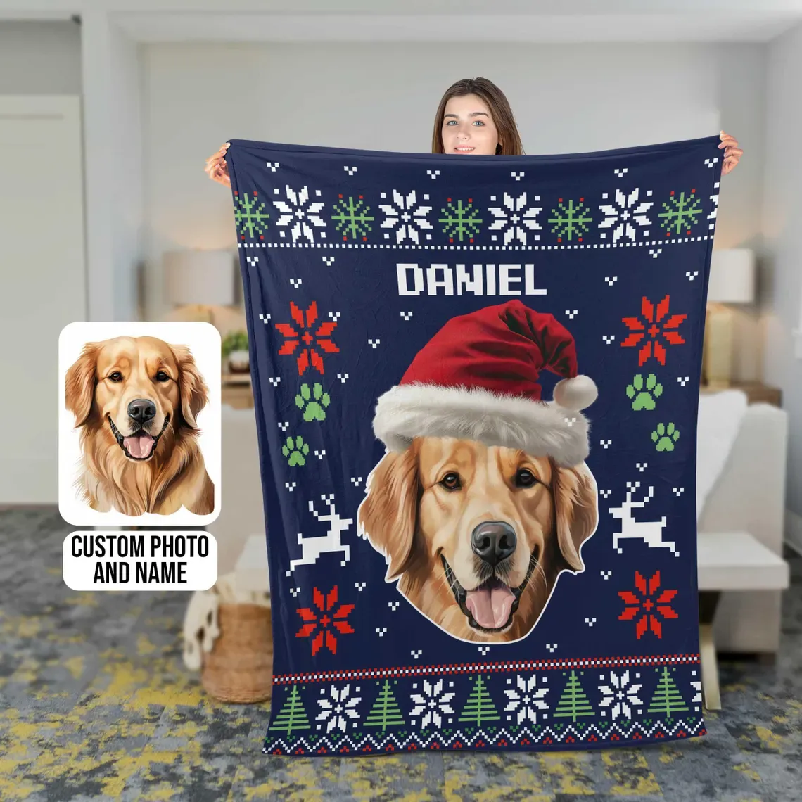 Custom Pet Photo Blanket, Personalized Dog Christmas Blanket with Name
