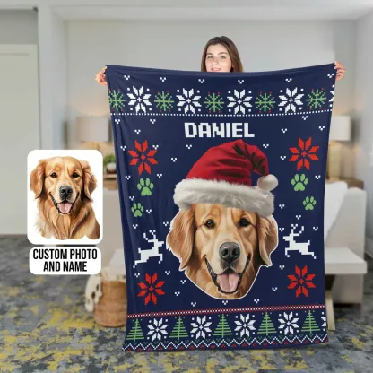 Custom Pet Photo Blanket, Personalized Dog Christmas Blanket with Name