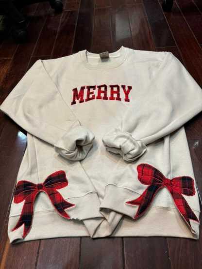 Embroidered Merry Side Bow Appliqué Sweatshirt Design Classic Christmas Bow, Embroidered Bow Sweatshirt, Side Bow Sweatshirt