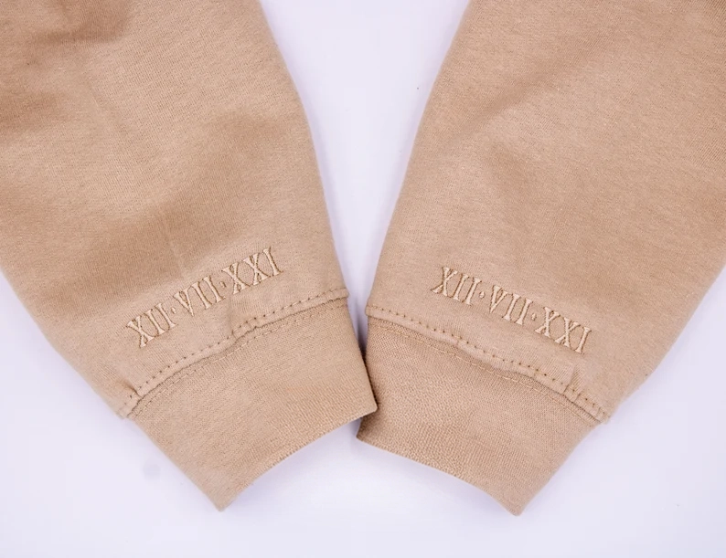 Subtle Anniversary Date on Sleeve Couples Sweatshirt Minimalistic Hoodie Wedding Date, Embroidered Roman Numerals Monochromatic Sweater