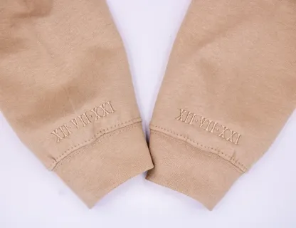 Subtle Anniversary Date on Sleeve Couples Sweatshirt Minimalistic Hoodie Wedding Date, Embroidered Roman Numerals Monochromatic Sweater