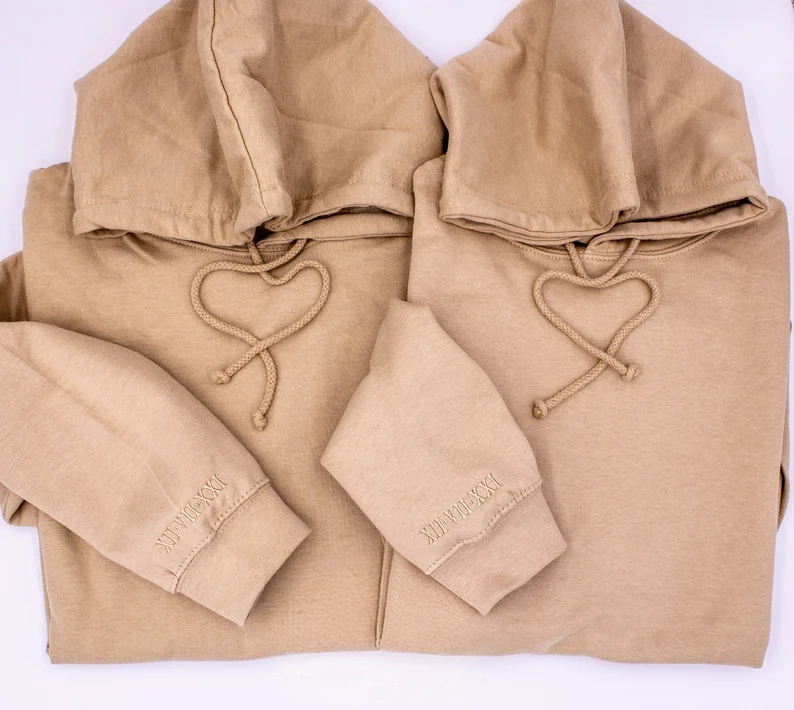 Subtle Anniversary Date on Sleeve Couples Sweatshirt Minimalistic Hoodie Wedding Date, Embroidered Roman Numerals Monochromatic Sweater