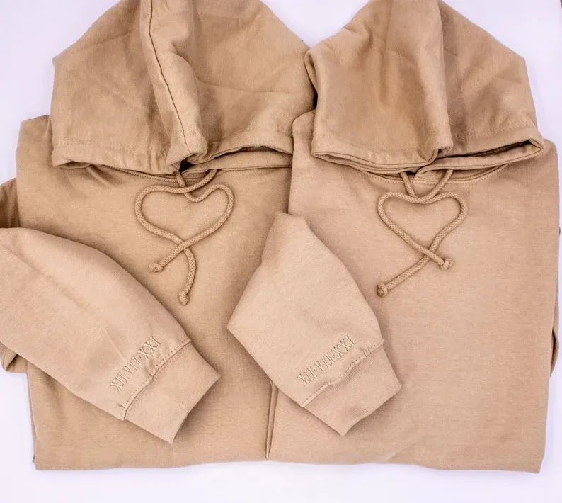 Subtle Anniversary Date on Sleeve Couples Sweatshirt Minimalistic Hoodie Wedding Date, Embroidered Roman Numerals Monochromatic Sweater